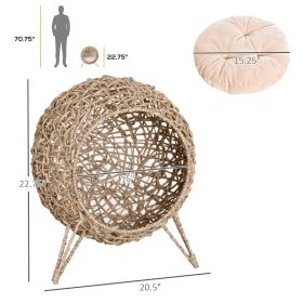 Weaved Cat Bed, Elevated Hand-woven Braided Banana Leaf Kitten House Condo With Cushion, Beige (Option: Natural)